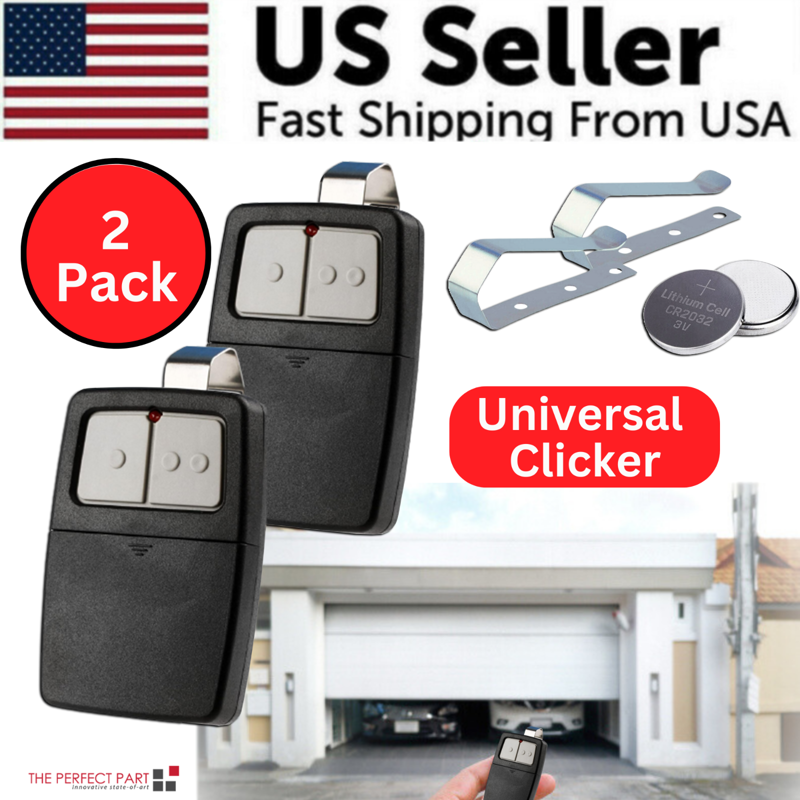 2 For Universal Clicker 375LM 375UT KLIK1U Garage Door Opener Remote with visor clip and illuminated buttons.
