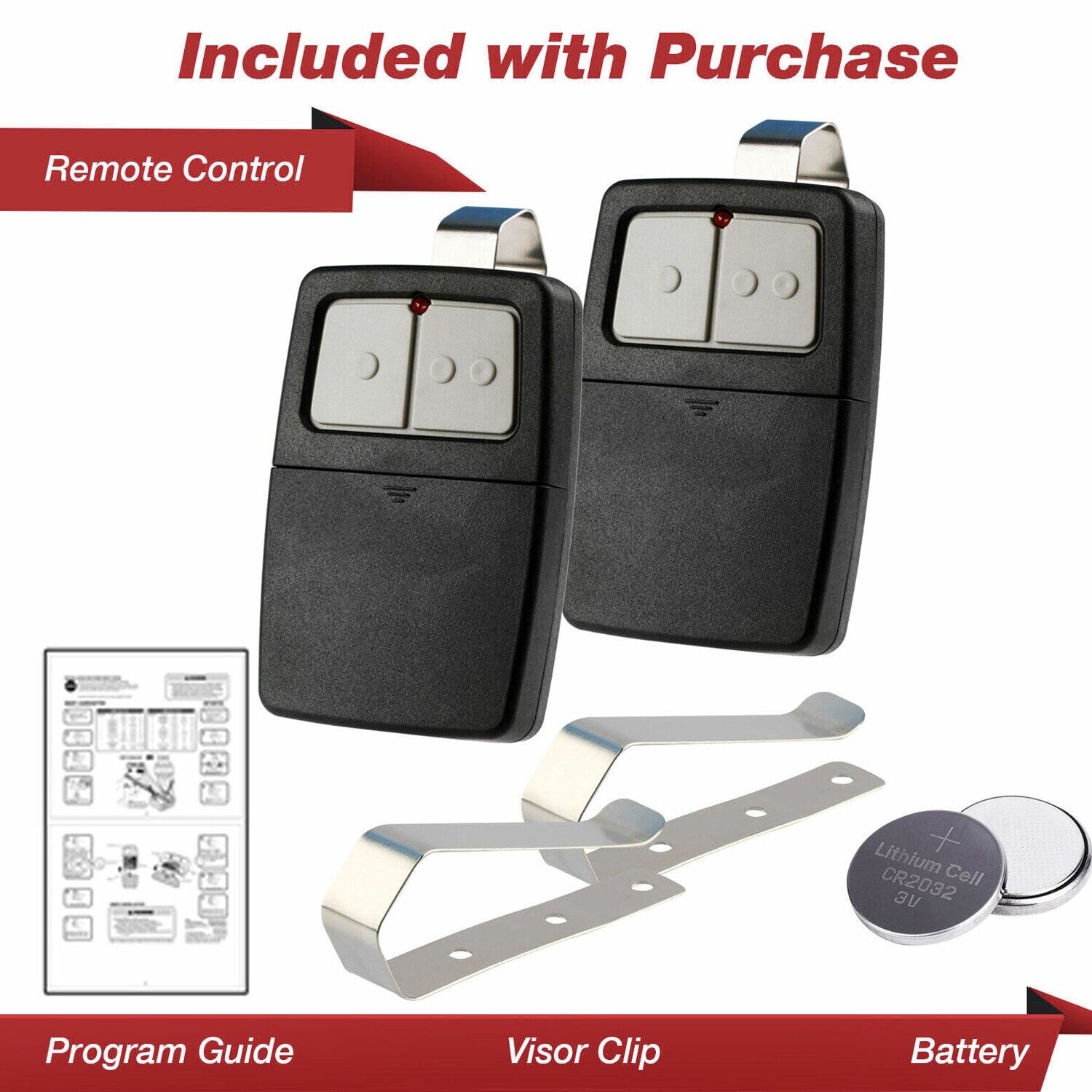 2 For Universal Clicker 375LM 375UT KLIK1U Garage Door Opener Remote with visor clip and illuminated buttons.