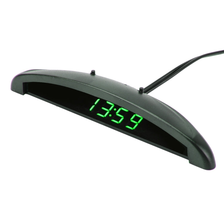 Green 2 in 1 Car LED Digital Display Thermometer Clock mounted on a car vent, showcasing its sleek design and digital display.