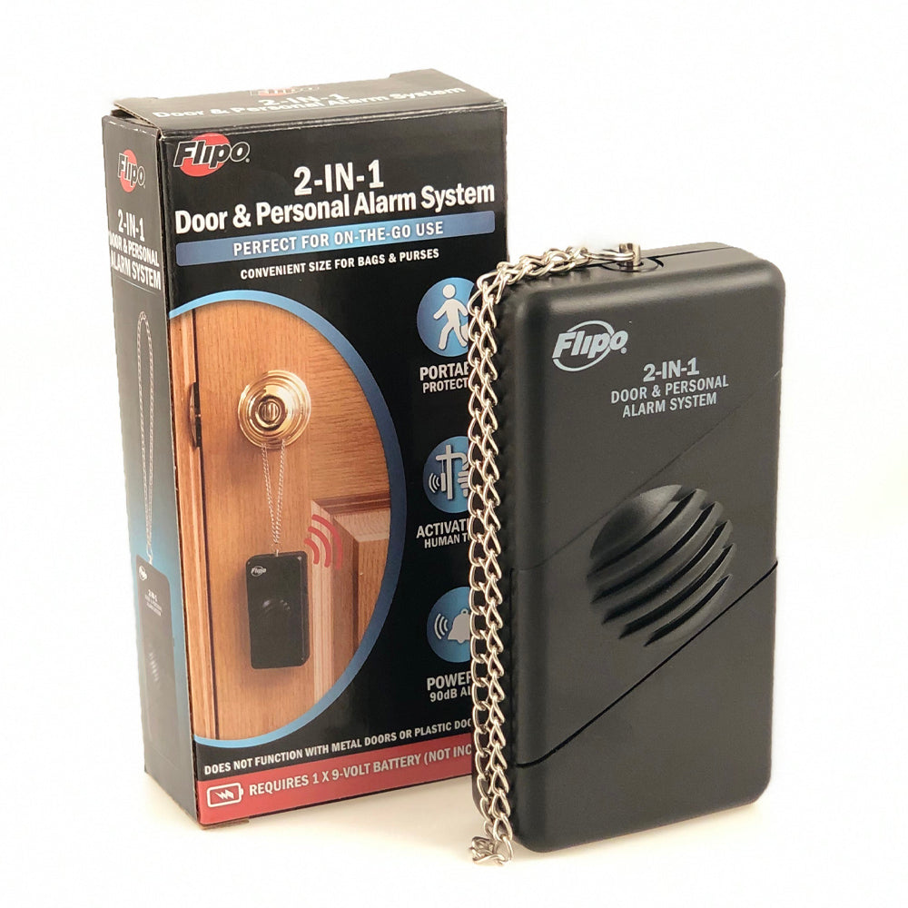 2 in 1 Door Alarm and Personal Alarm System, compact design with a metal chain for activation, suitable for home security and personal safety.