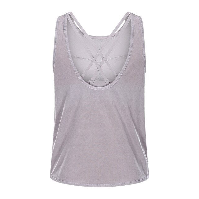 A stylish 2 in 1 loose U-back workout gym tank top for women, featuring a built-in bra, made from lightweight and breathable fabric, perfect for fitness activities.