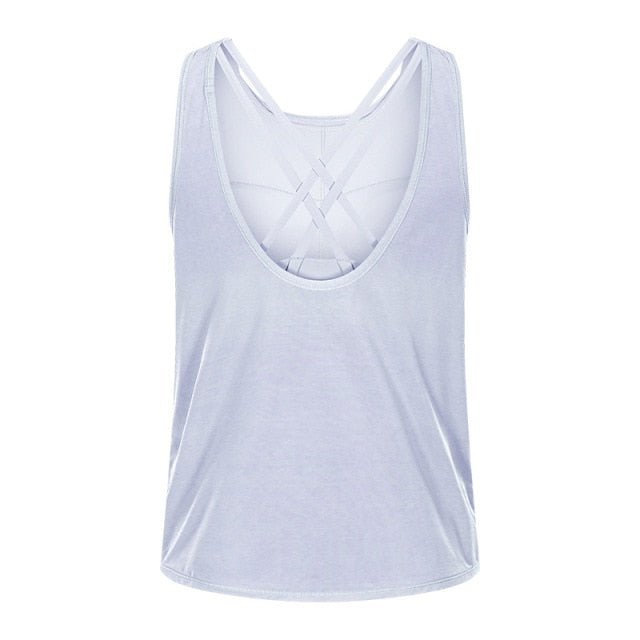 A stylish 2 in 1 loose U-back workout gym tank top for women, featuring a built-in bra, made from lightweight and breathable fabric, perfect for fitness activities.