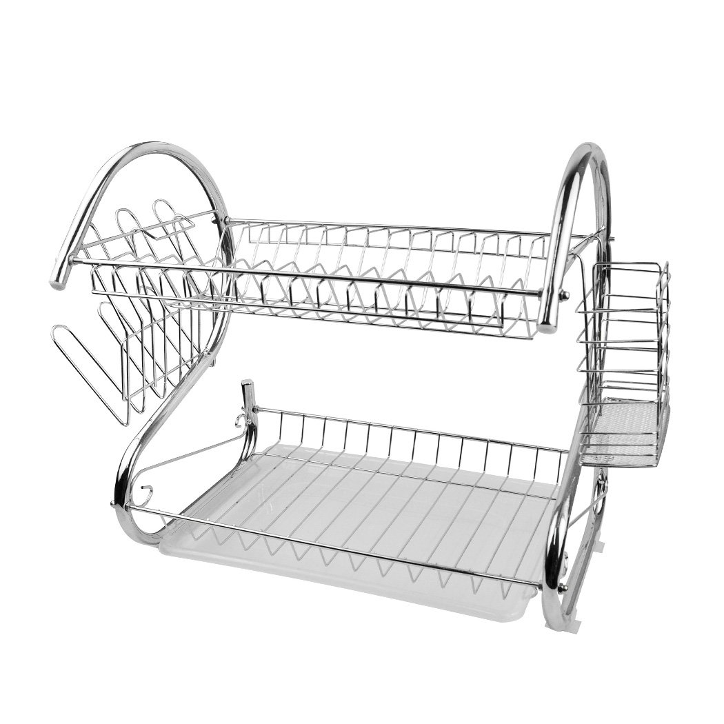 2 Layer Dish Drainer Cutlery Holder Rack made of stainless steel, featuring a modern design with a removable drain pan and organized sections for cutlery and cups.