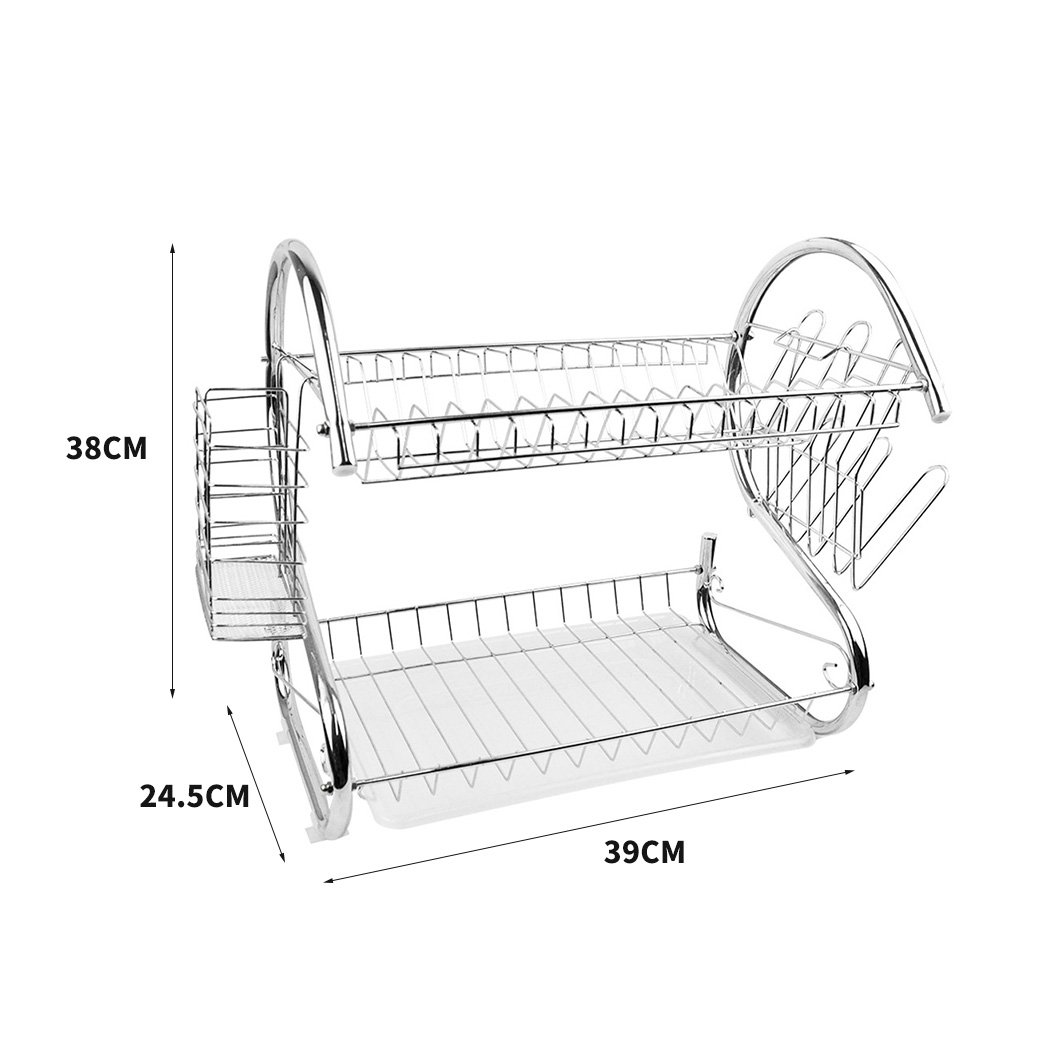 2 Layer Dish Drainer Cutlery Holder Rack made of stainless steel, featuring a modern design with a removable drain pan and organized sections for cutlery and cups.