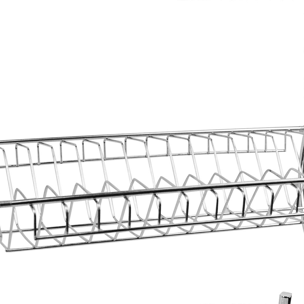 2 Layer Dish Drainer Cutlery Holder Rack made of stainless steel, featuring a modern design with a removable drain pan and organized sections for cutlery and cups.