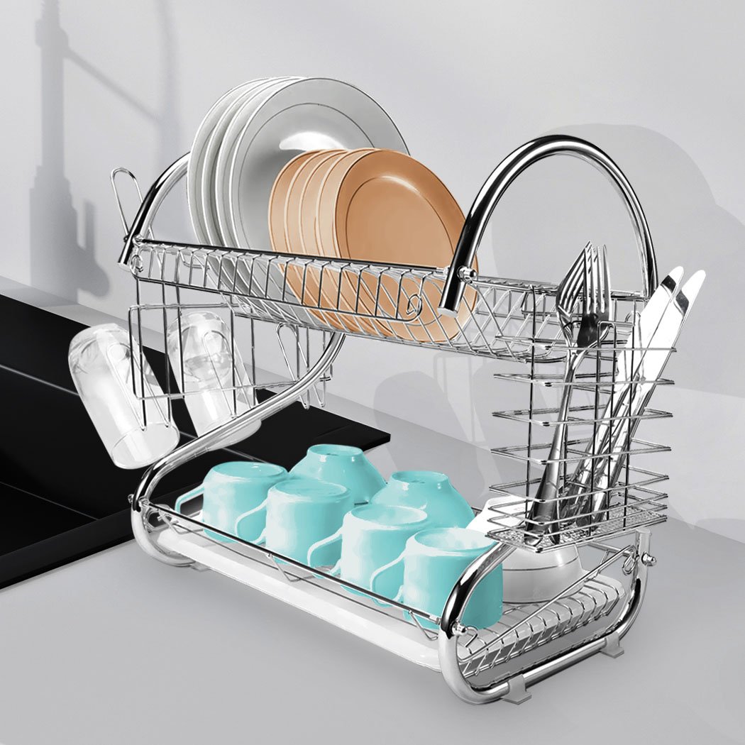 2 Layer Dish Drainer Cutlery Holder Rack made of stainless steel, featuring a modern design with a removable drain pan and organized sections for cutlery and cups.