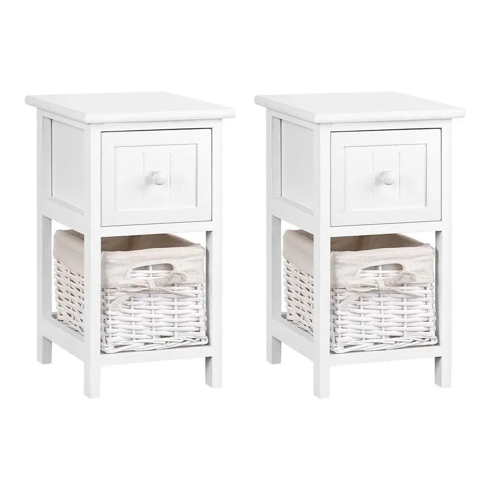 Two white Artiss bedside tables with wicker baskets and drawers, showcasing rustic charm and practical design.