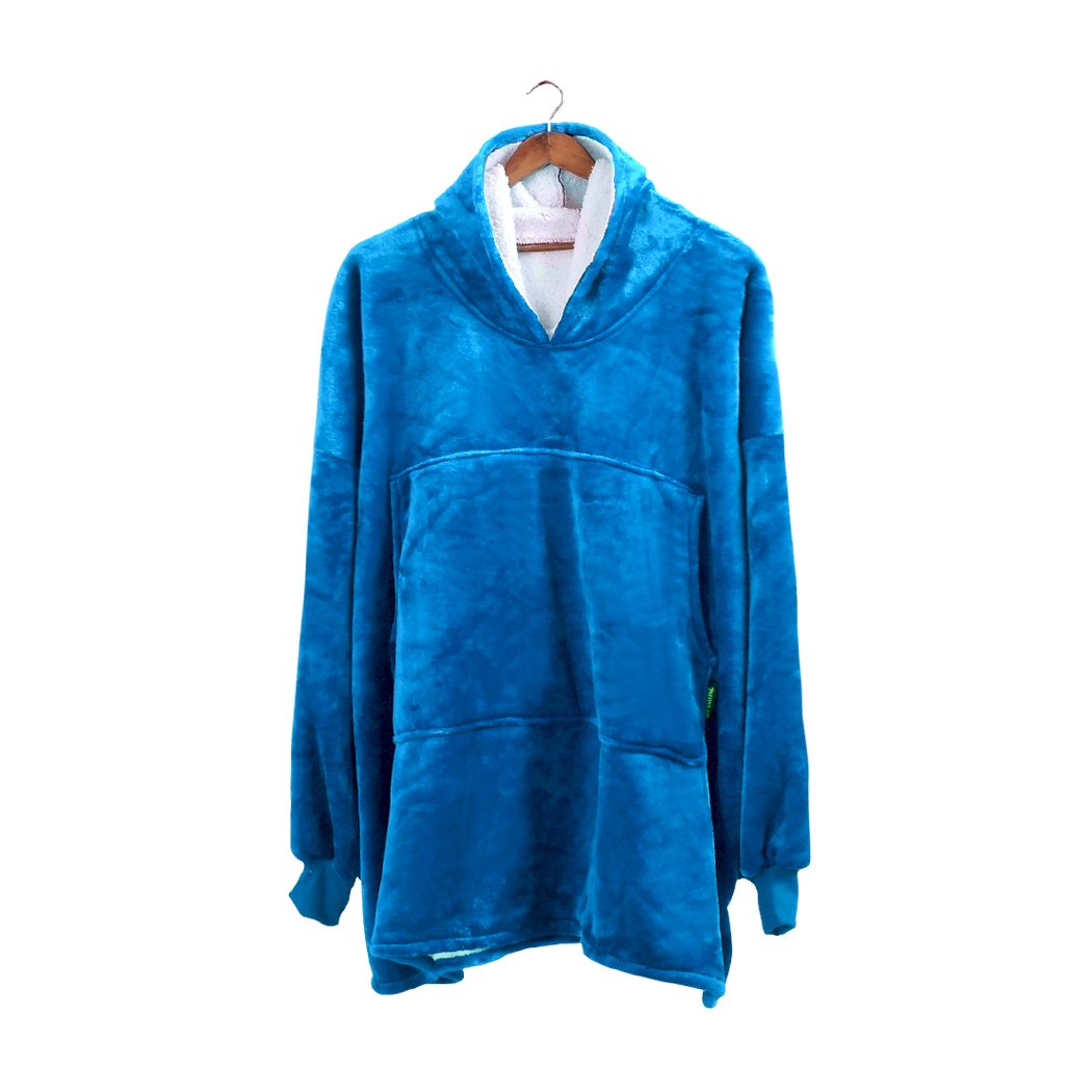 Two pieces of DreamZ Plush Fleece Sherpa Hoodie Sweatshirt Huggle Blanket in blue, showcasing the soft flannel and sherpa fleece materials.