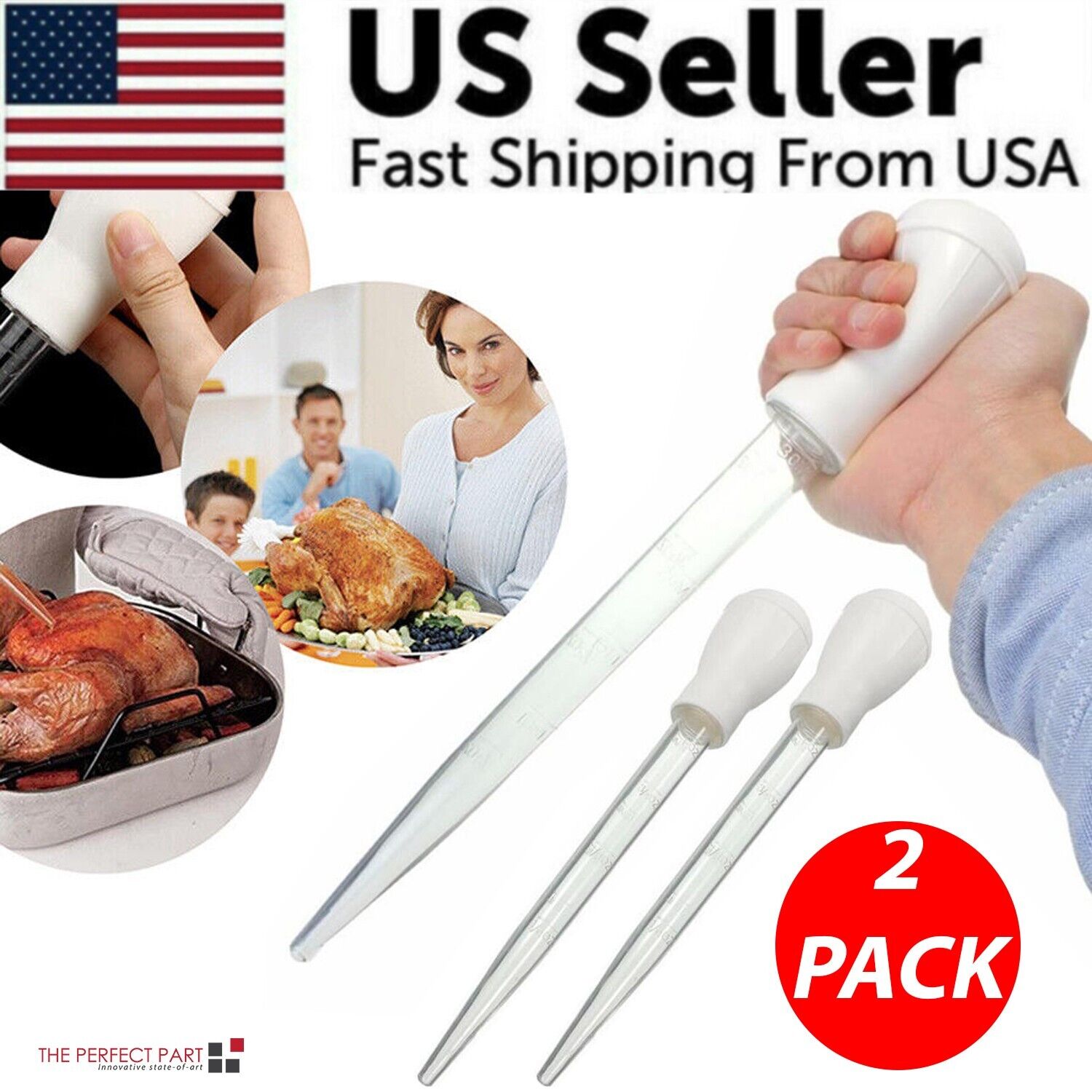 Two pieces of heat resistant BPA free turkey baster syringes, ideal for basting meats and poultry.