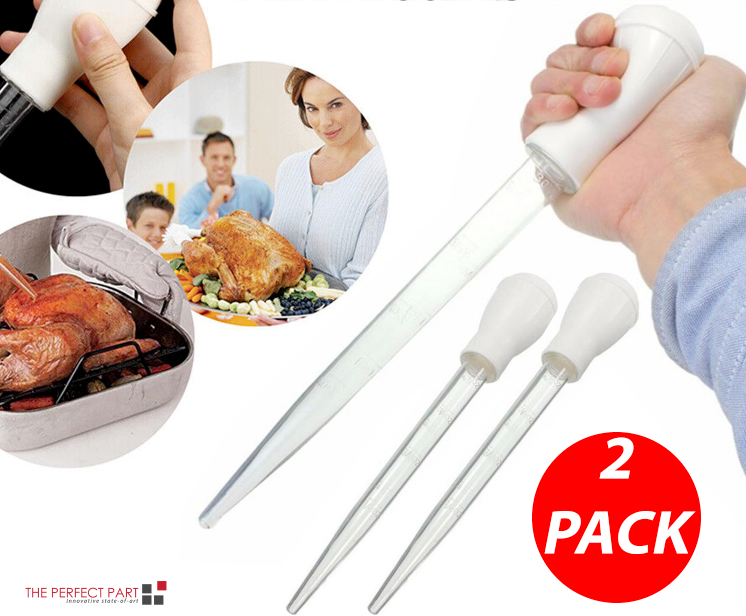 Two pieces of heat resistant BPA free turkey baster syringes, ideal for basting meats and poultry.