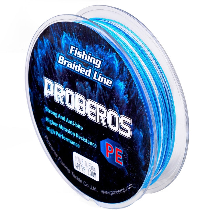 Two spools of PROBEROS 4 Edits 100M Strong Horse Fish Line, showcasing the durable PE material and various line numbers.