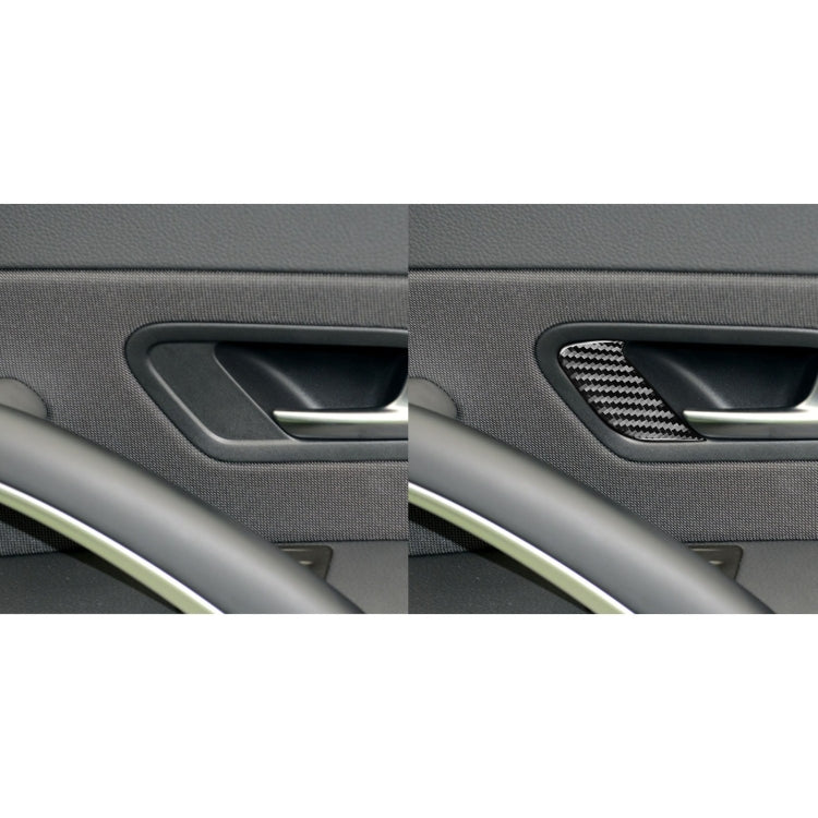 Two carbon fiber decorative stickers for car door locks, showcasing a sleek design and lightweight material.