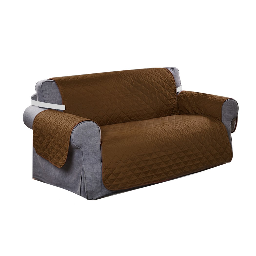 Brown quilted 2 seater sofa cover with microfiber filling, showcasing its anti-slip base and well-stitched edges.