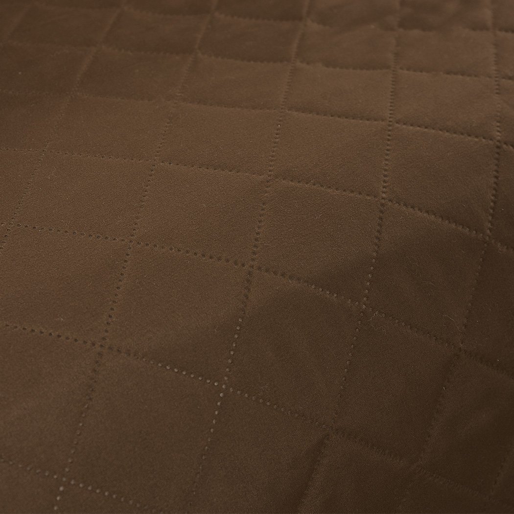 Brown quilted 2 seater sofa cover with microfiber filling, showcasing its anti-slip base and well-stitched edges.
