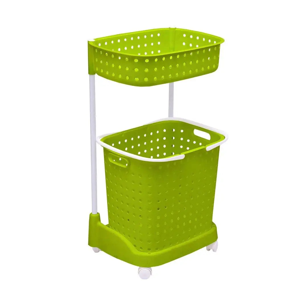 2 Tier Bathroom Laundry Basket with wheels, designed for organizing laundry and linens, featuring a sturdy plastic and metal construction.