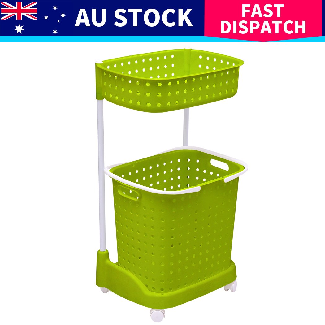 2 Tier Bathroom Laundry Basket with wheels, designed for organizing laundry and linens, featuring a sturdy plastic and metal construction.