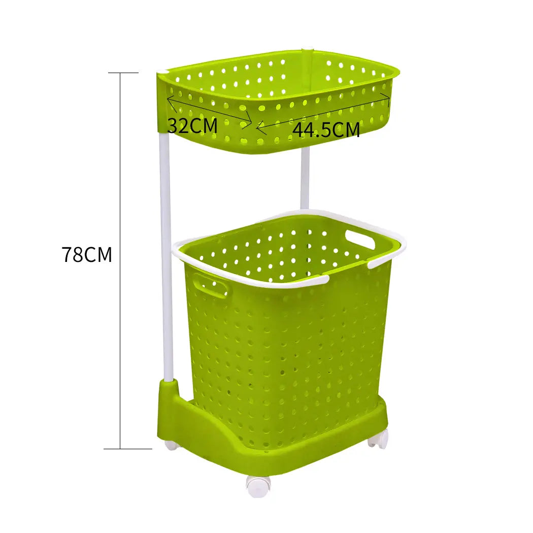 2 Tier Bathroom Laundry Basket with wheels, designed for organizing laundry and linens, featuring a sturdy plastic and metal construction.