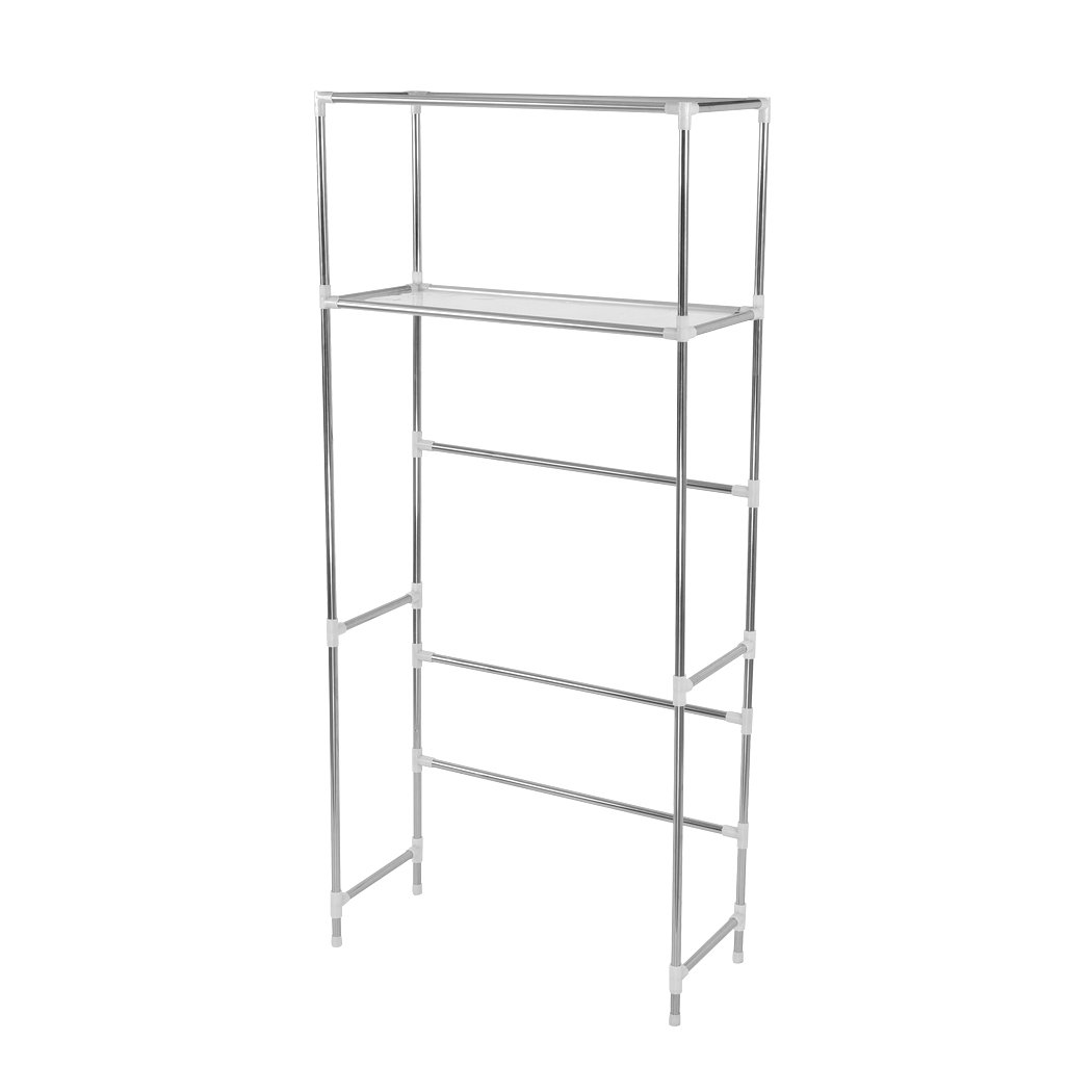 2 Tier Toilet Bathroom Laundry Rack Shelf Unit made of stainless steel, designed to fit above washing machines for extra storage.