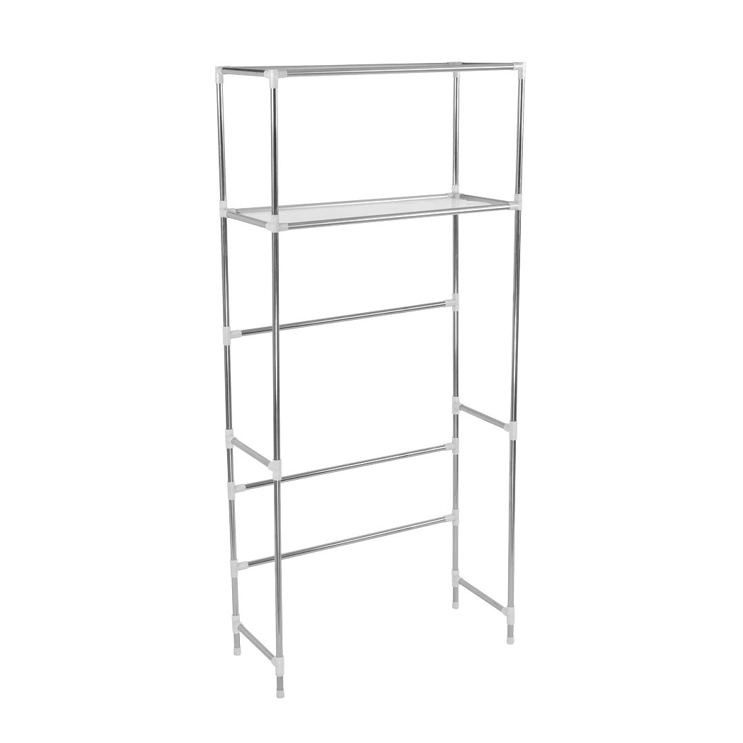 2 Tier Toilet Bathroom Laundry Rack Shelf Unit made of stainless steel, designed to fit above washing machines for extra storage.