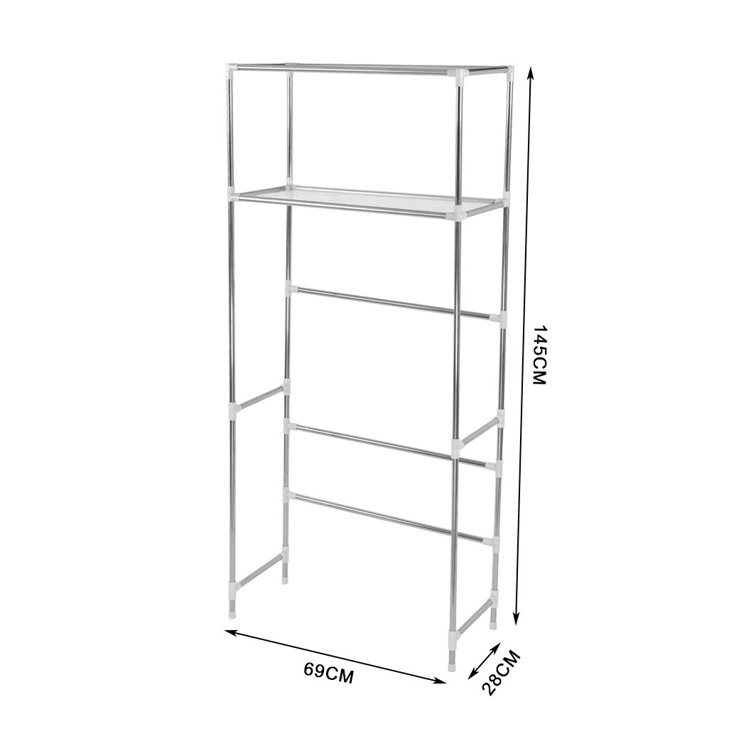 2 Tier Toilet Bathroom Laundry Rack Shelf Unit made of stainless steel, designed to fit above washing machines for extra storage.