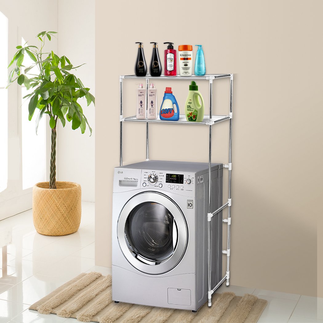 2 Tier Toilet Bathroom Laundry Rack Shelf Unit made of stainless steel, designed to fit above washing machines for extra storage.