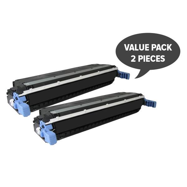 Two black remanufactured toner cartridges for HP Color LaserJet 5500 and 5550 printers, showcasing premium quality and compatibility.