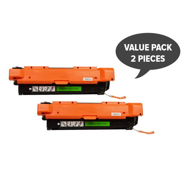 Two CE250X Black Premium Generic Toner cartridges, designed for high-quality printing.