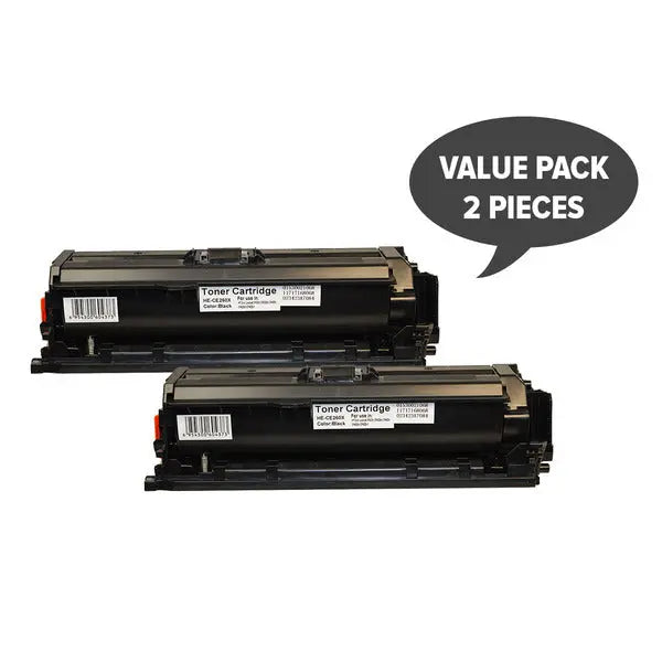 Two CE260X #649X Premium Generic Black Toner cartridges, designed for high-quality printing.