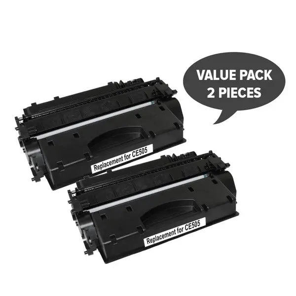 Two black toner cartridges CE505A #05A, premium quality, compatible with various laser printers.