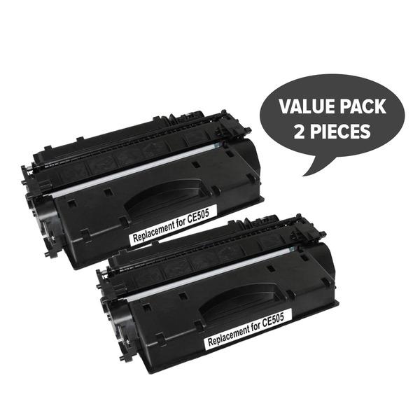 Two black toner cartridges CE505A #05A, premium quality, compatible with various laser printers.