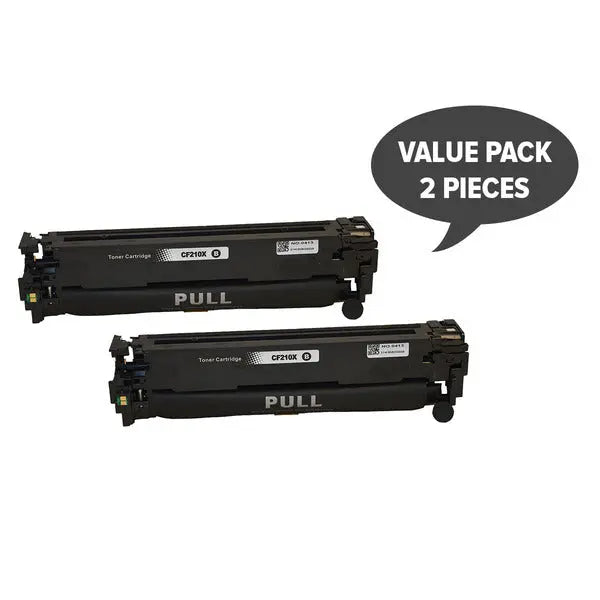 Two premium remanufactured black toner cartridges, CF210X #131X, designed for high-quality printing.