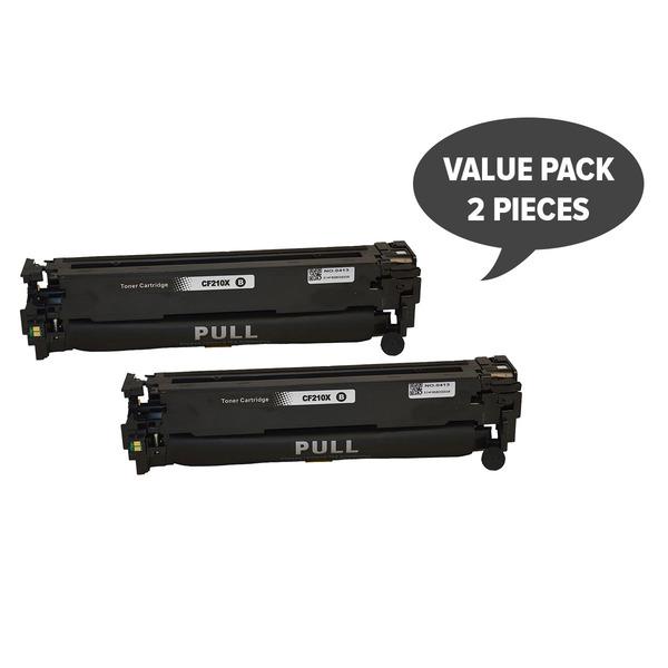 Two premium remanufactured black toner cartridges, CF210X #131X, designed for high-quality printing.