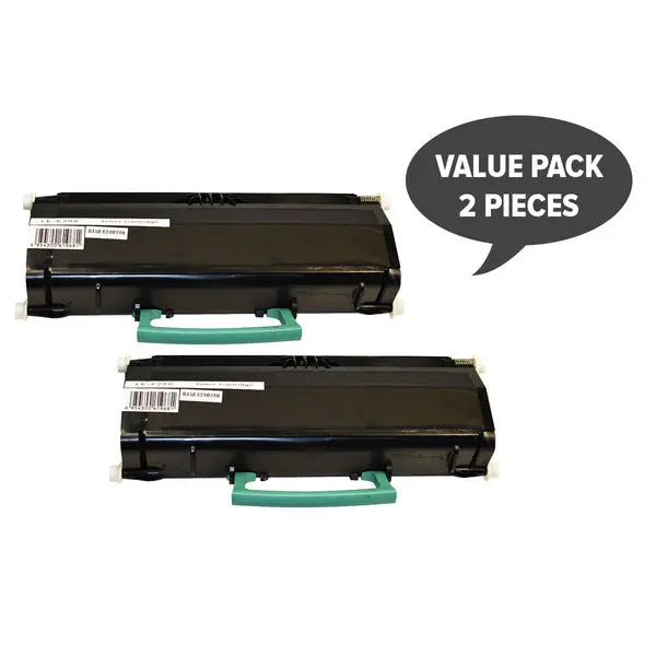 Two black generic toner cartridges for Lexmark E260, E360, E460 printers, showcasing their sleek design and compatibility.