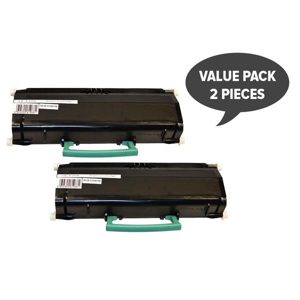 Two black generic toner cartridges for Lexmark E260, E360, E460 printers, showcasing their sleek design and compatibility.
