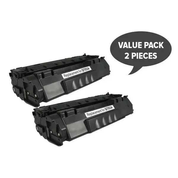 Two black premium toner cartridges Q7553A and Q5949, designed for laser printers, showcasing their sleek design and compatibility.
