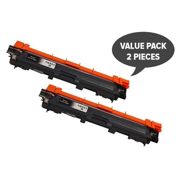 Two TN-251 Black Premium Generic Toner cartridges, designed for high-quality printing, featuring a sleek black design.