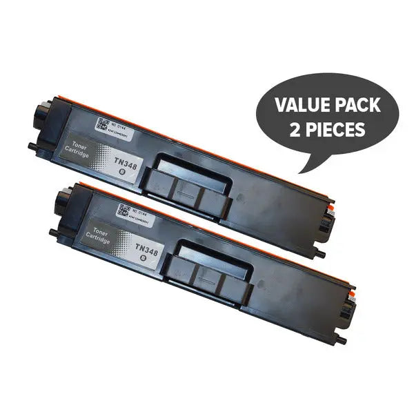 Two TN-348 Black Super High Yield Generic Toner cartridges, designed for high-quality printing and compatibility with various laser printers.