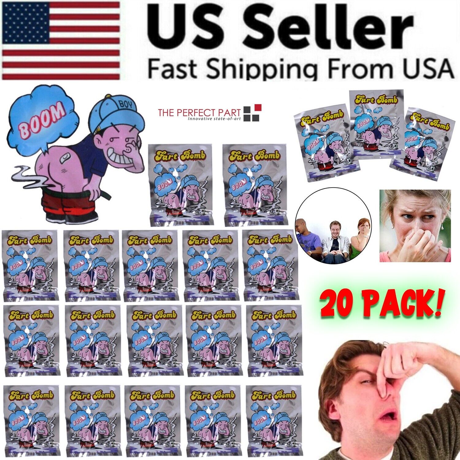 A pack of 20 fart stink bombs designed for pranks, featuring colorful packaging and a humorous design.