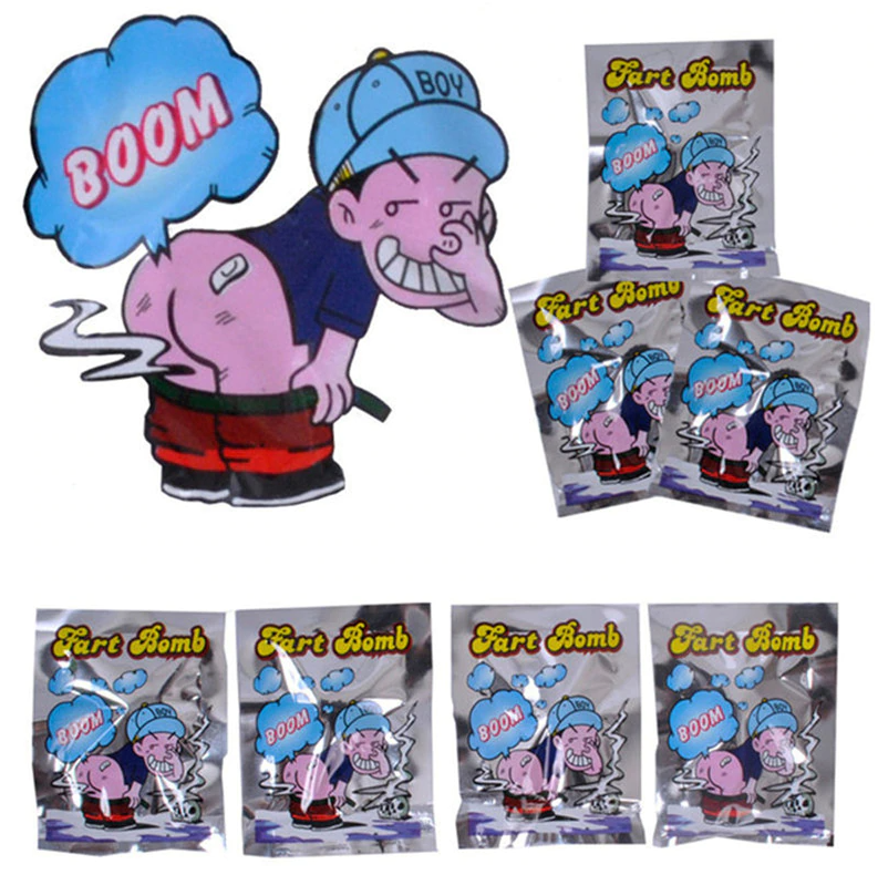 A pack of 20 fart stink bombs designed for pranks, featuring colorful packaging and a humorous design.