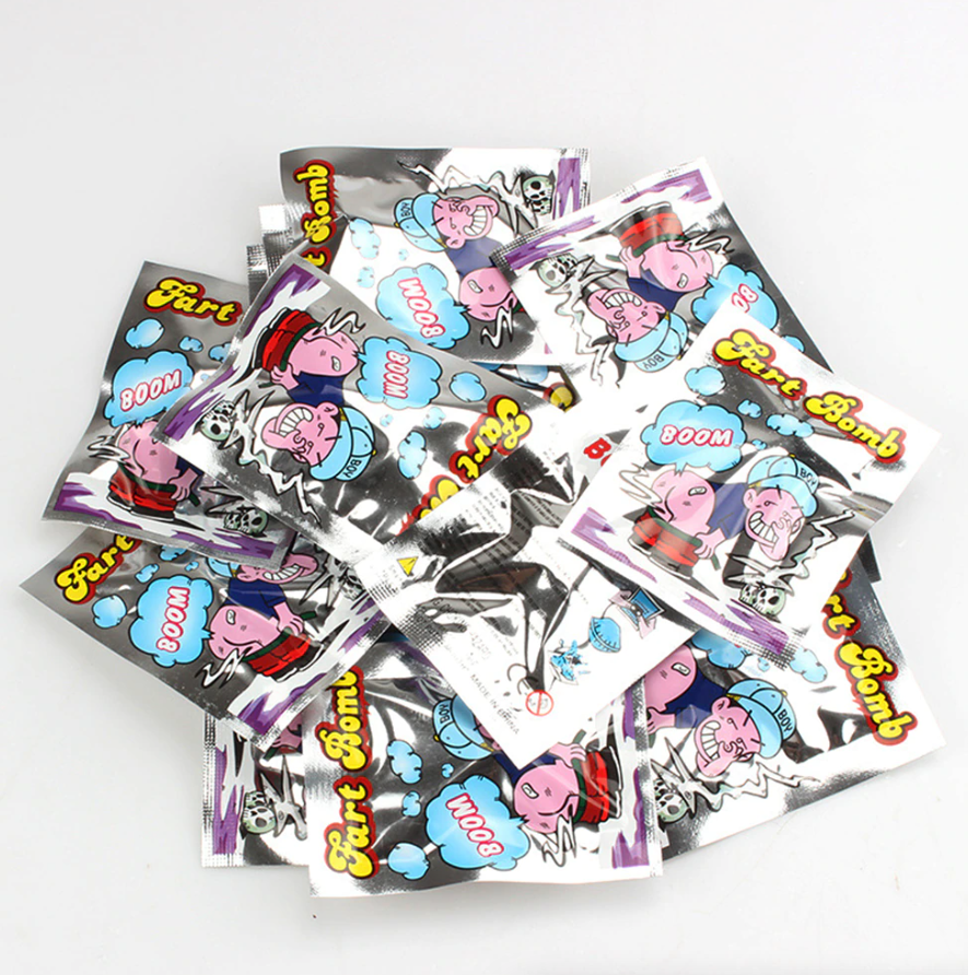 A pack of 20 fart stink bombs designed for pranks, featuring colorful packaging and a humorous design.
