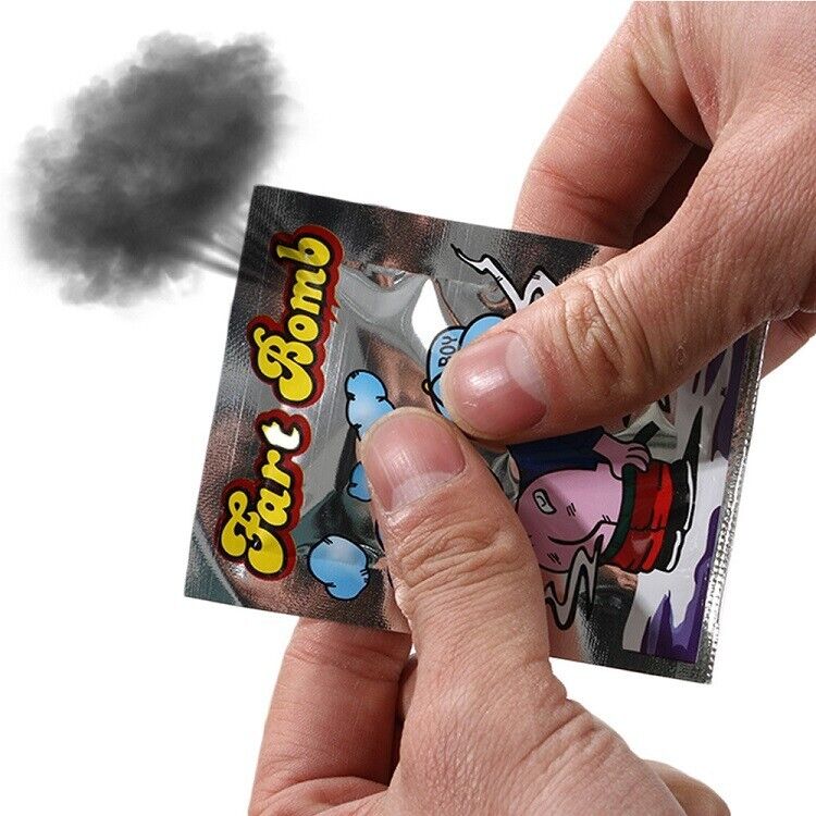 A pack of 20 fart stink bombs designed for pranks, featuring colorful packaging and a humorous design.