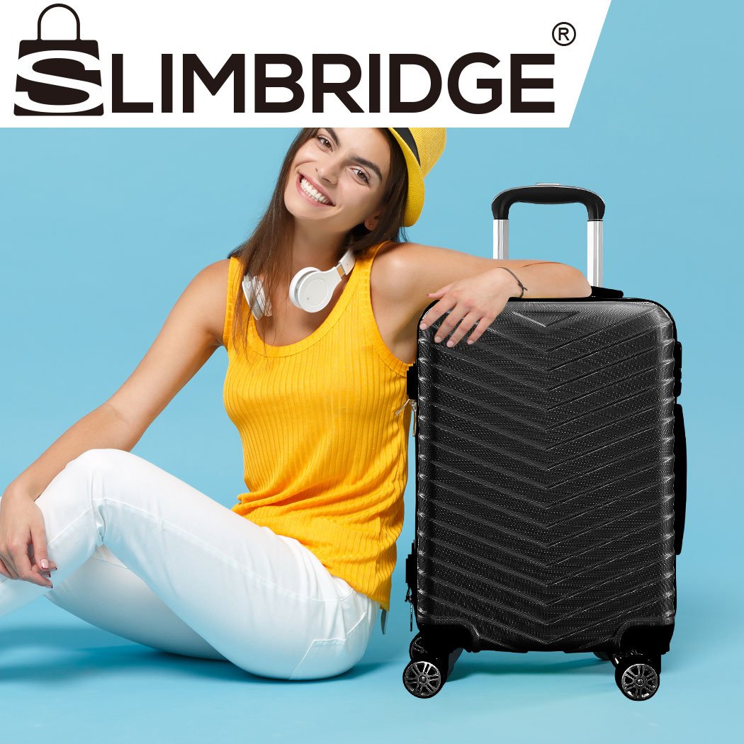 20-inch black travel luggage suitcase with dual wheels and aluminum handle, featuring a combination lock for security.