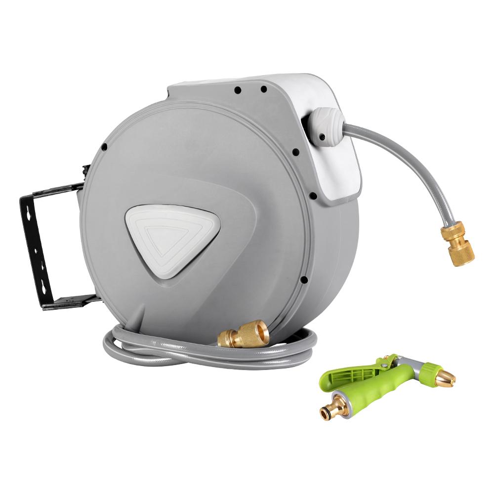 20M Retractable Water Hose Reel with grey casing, mounted on a wall, featuring a brass spray gun and a neatly coiled hose.