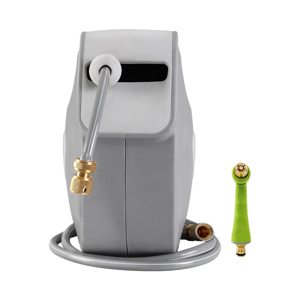 20M Retractable Water Hose Reel with grey casing, mounted on a wall, featuring a brass spray gun and a neatly coiled hose.