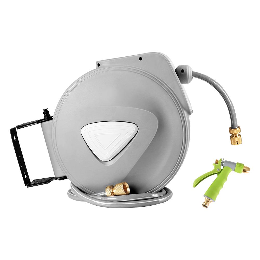 20M Retractable Water Hose Reel with grey casing, mounted on a wall, featuring a brass spray gun and a neatly coiled hose.