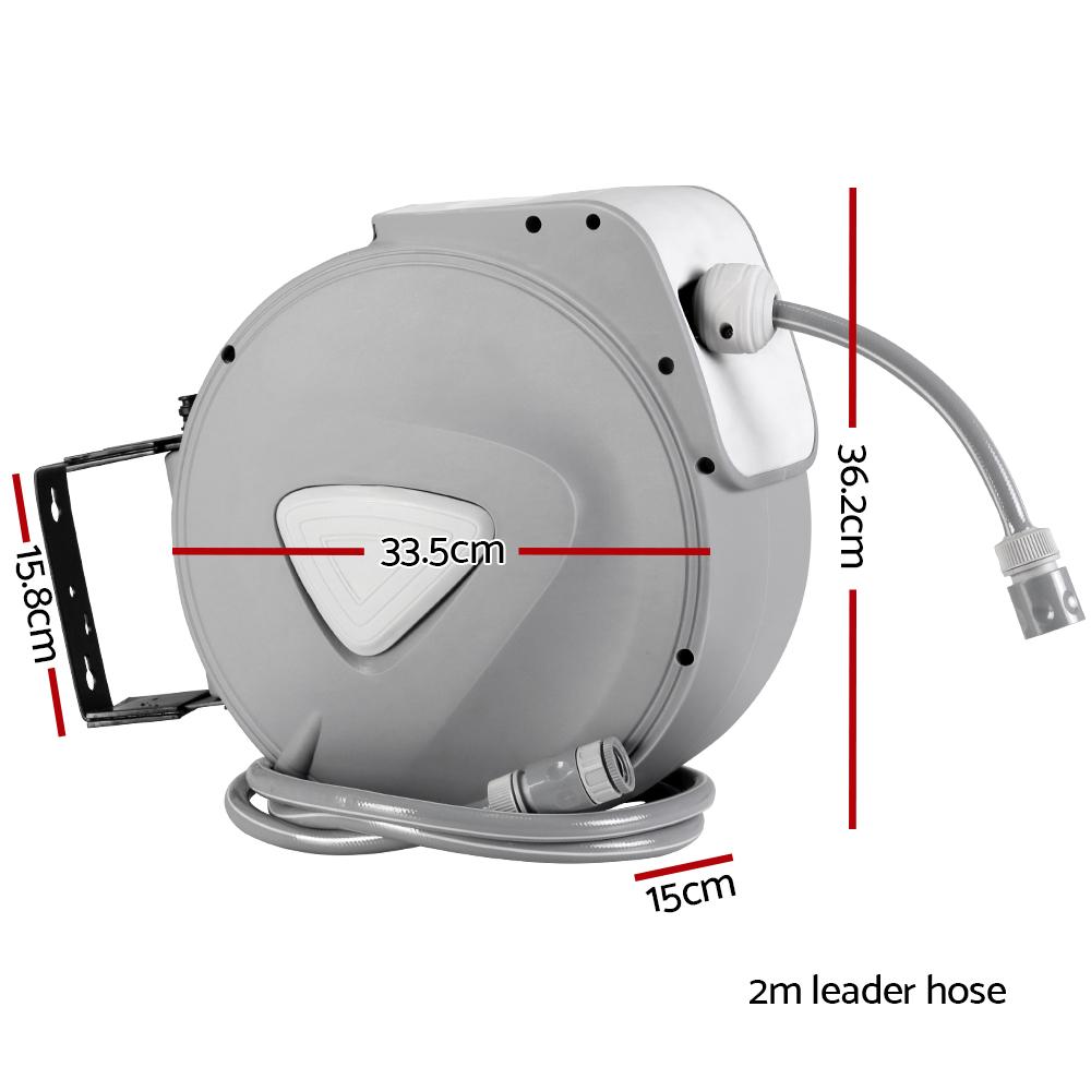 20M Retractable Water Hose Reel with a grey finish, wall-mounted, featuring a spray gun with nine adjustable settings.