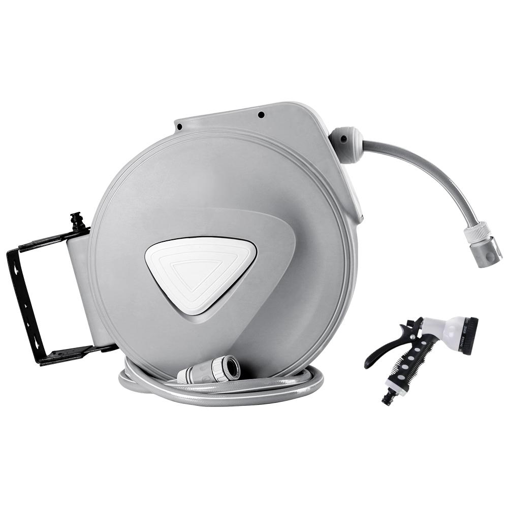 20M Retractable Water Hose Reel with a grey finish, wall-mounted, featuring a spray gun with nine adjustable settings.