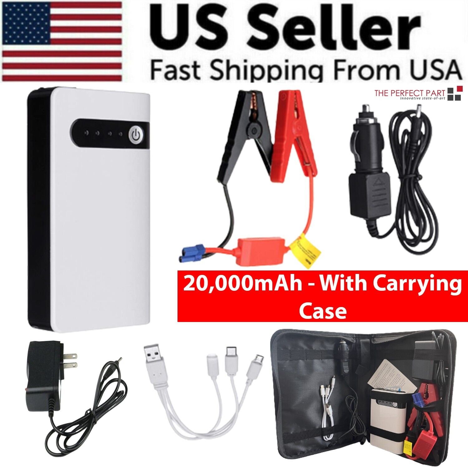 20000mAh Car Jump Starter Booster with smart jumper cables and LED light, designed for quick vehicle starts and device charging.