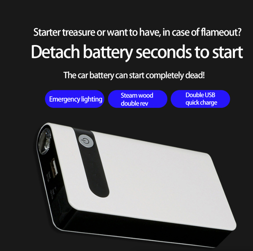 20000mAh Car Jump Starter Booster with smart jumper cables and LED light, designed for quick vehicle starts and device charging.