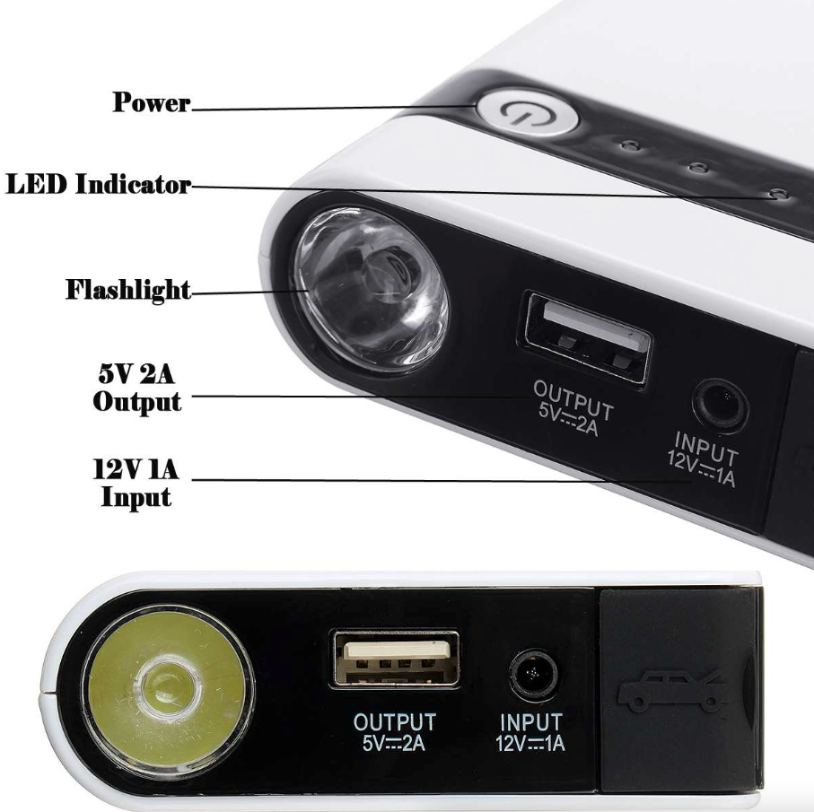 20000mAh Car Jump Starter Booster with smart jumper cables and LED light, designed for quick vehicle starts and device charging.